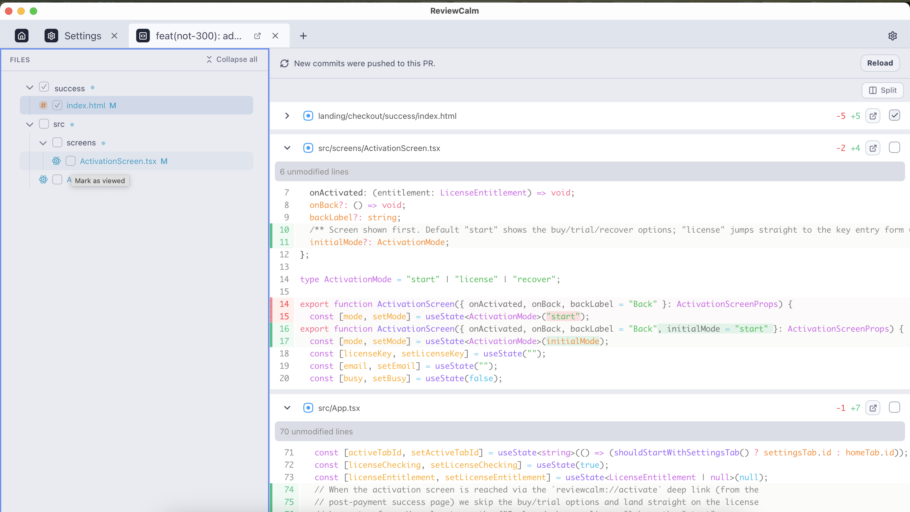 ReviewCalm review workspace with a file tree on the left showing per-folder and per-file viewed checkmarks, and a diff on the right